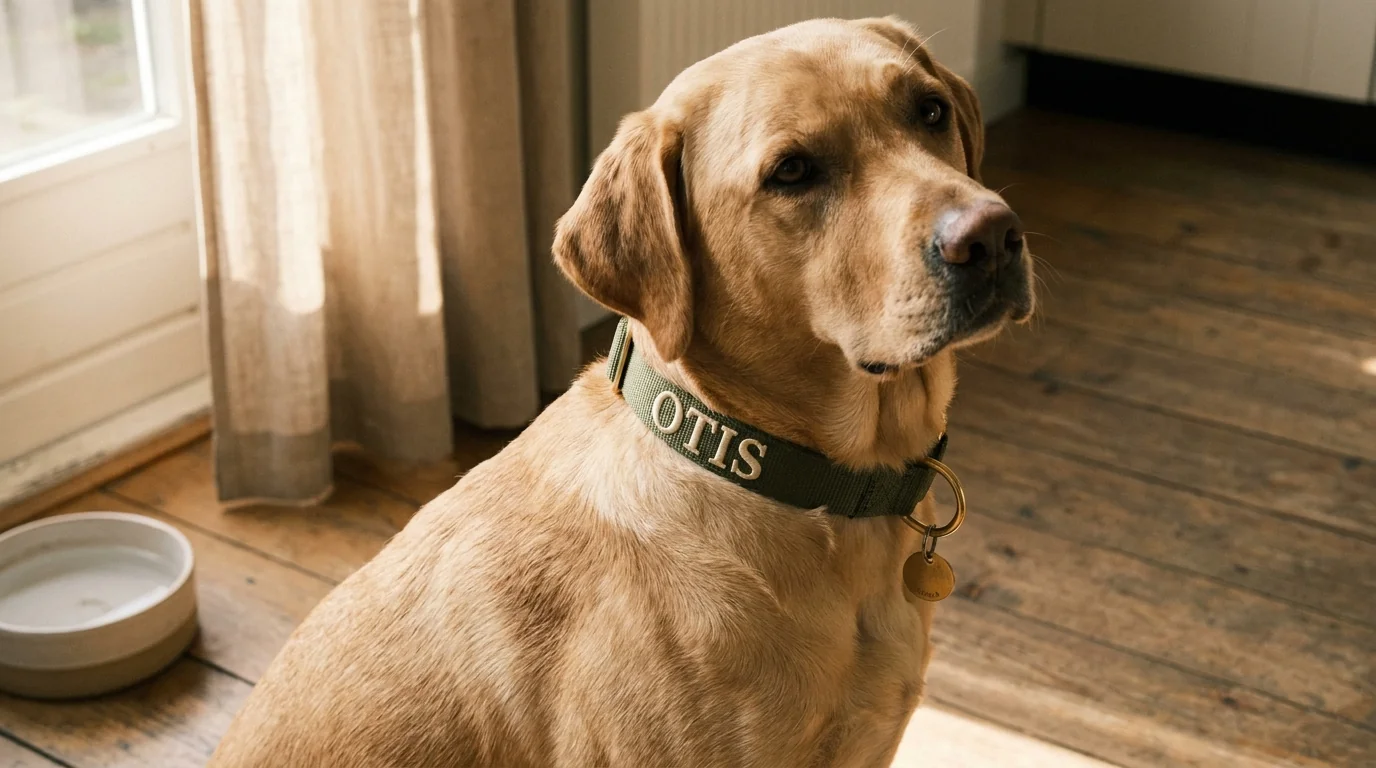 A tan labrador retriever sitting on a wooden kitchen floor wearing an olive green collar with the name Otis embroidered in cream thread, with a small gold-tone ID tag hanging from the D-ring