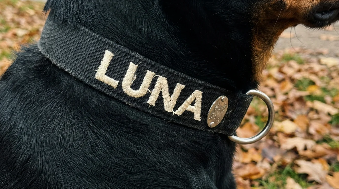Close-up of a midnight black collar on a black-and-tan rottweiler with the name LUNA embroidered in cream thread, a small silver ID tag visible