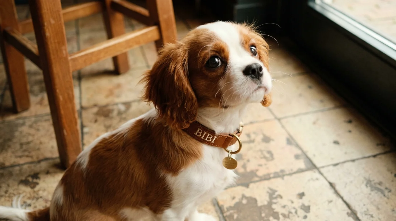 A small Cavalier King Charles Spaniel puppy on a tiled café floor wearing a cognac brown collar with the embroidered name BIBI in white thread