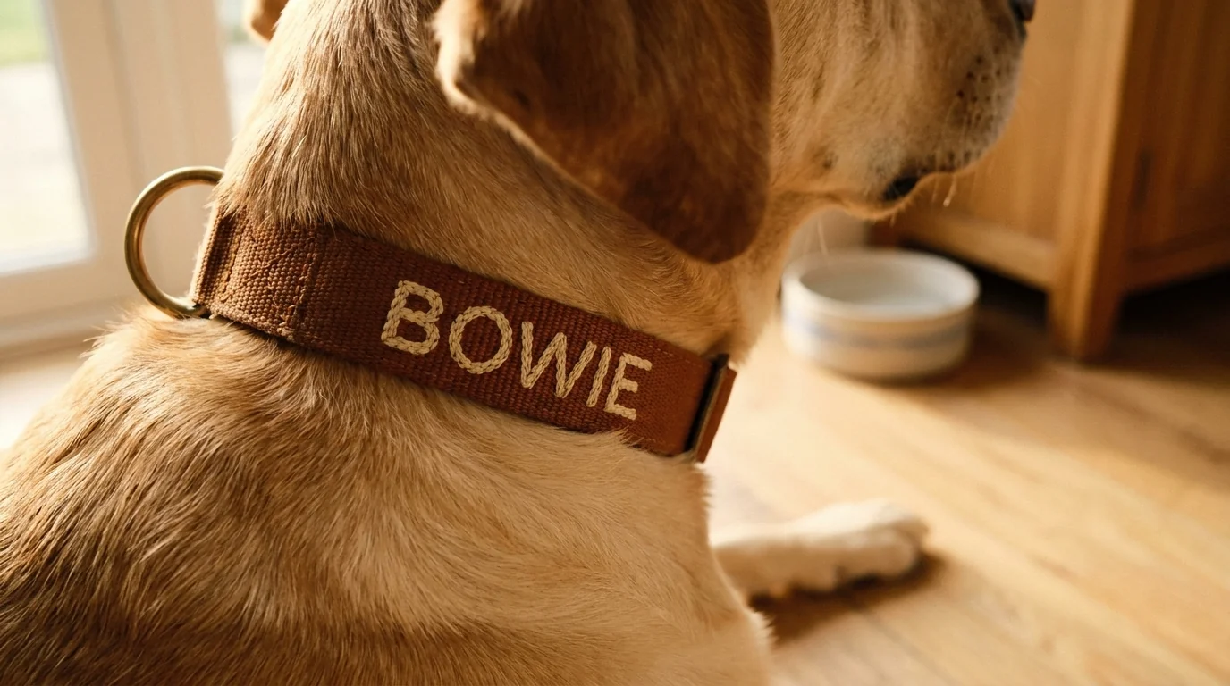 Close-up of a tan Labrador wearing a Squffy collar with the name Bowie embroidered in cream thread