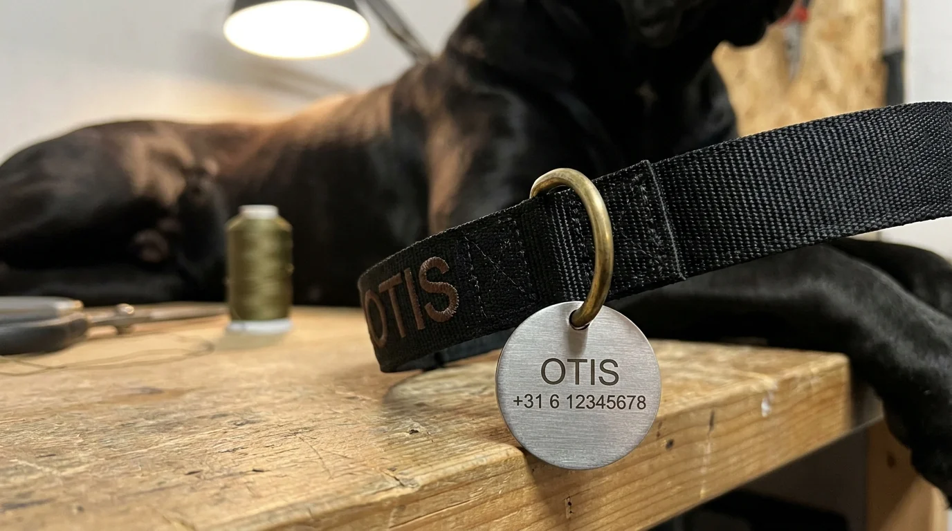 An engraved metal dog tag hanging from a black collar, showing a phone number and the word Veghel
