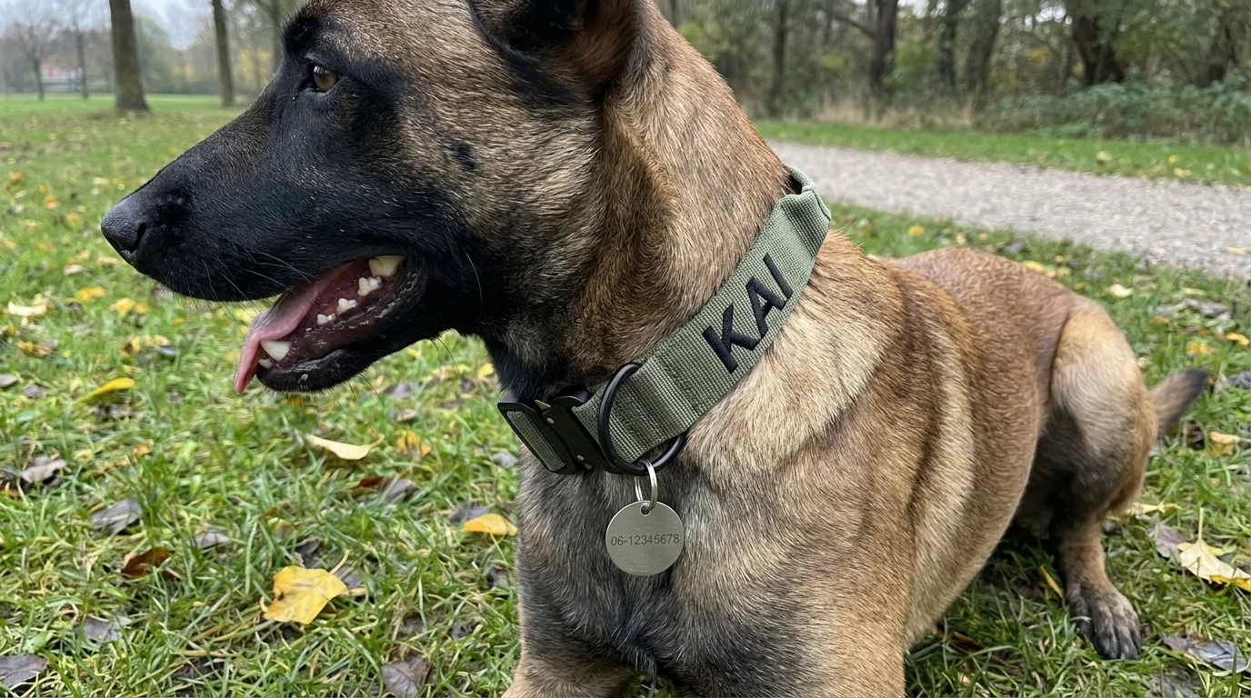 An olive green Tactical collar with a stainless tag on a Belgian Malinois resting on grass