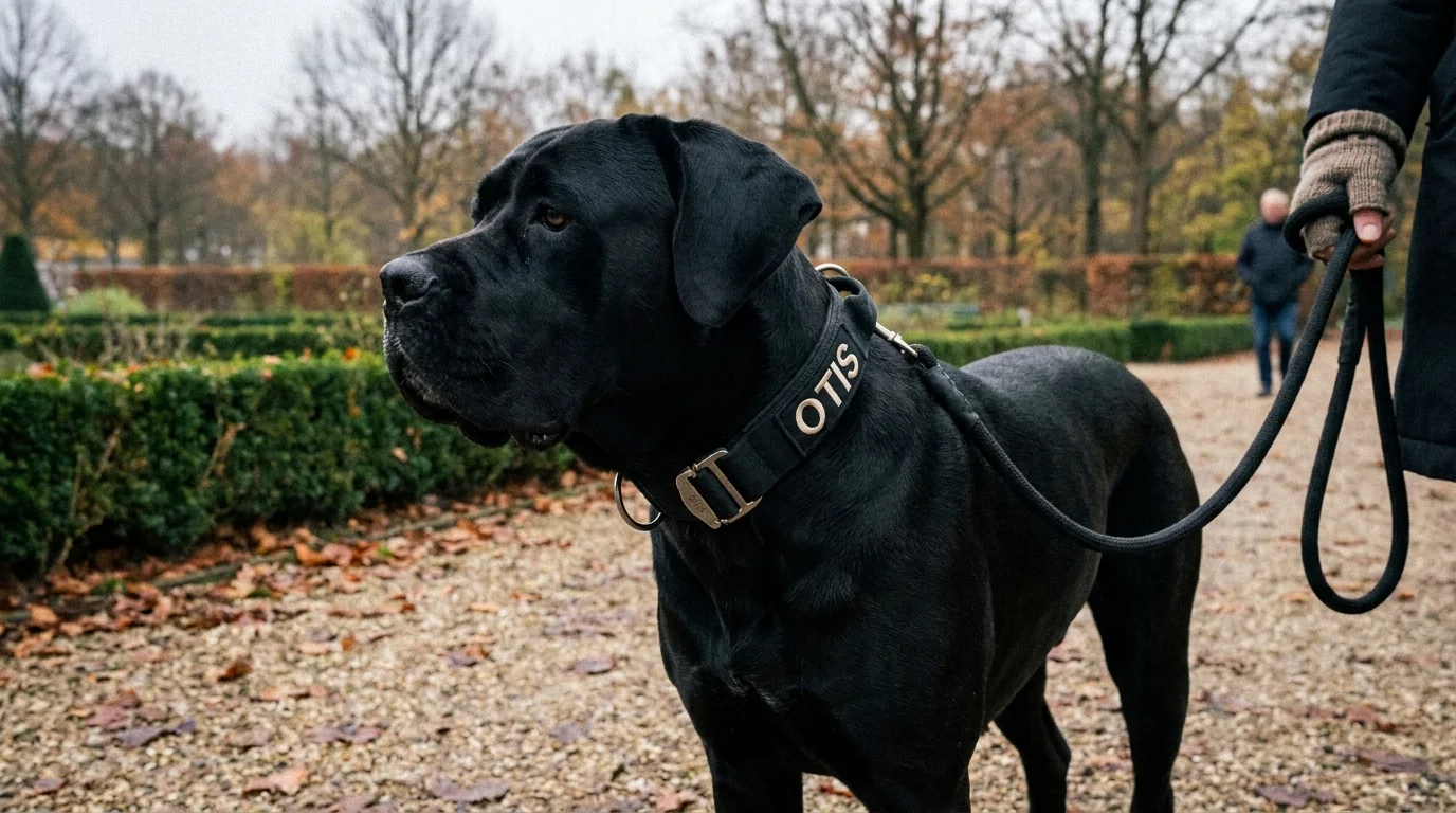 A black Cane Corso standing calmly on a leash beside its handler in a Dutch park