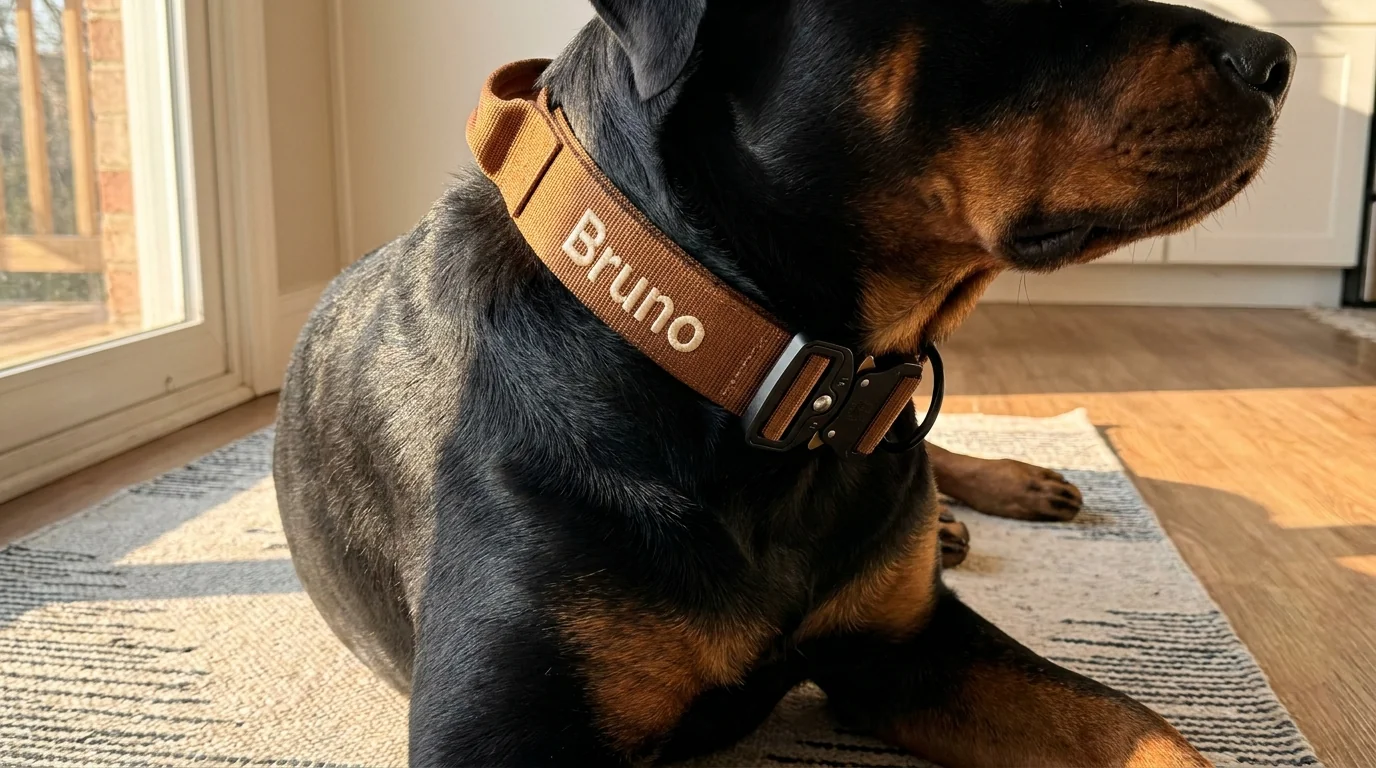 Close-up of a Squffy Tactical collar buckle in cognac brown on a Rottweiler