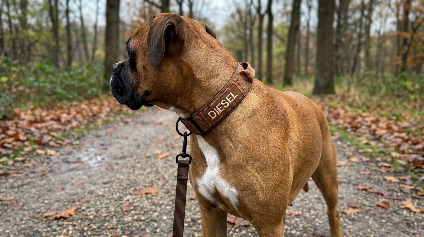 A tan boxer standing calmly on a leash in a Dutch park, wide tactical collar visible at the neck