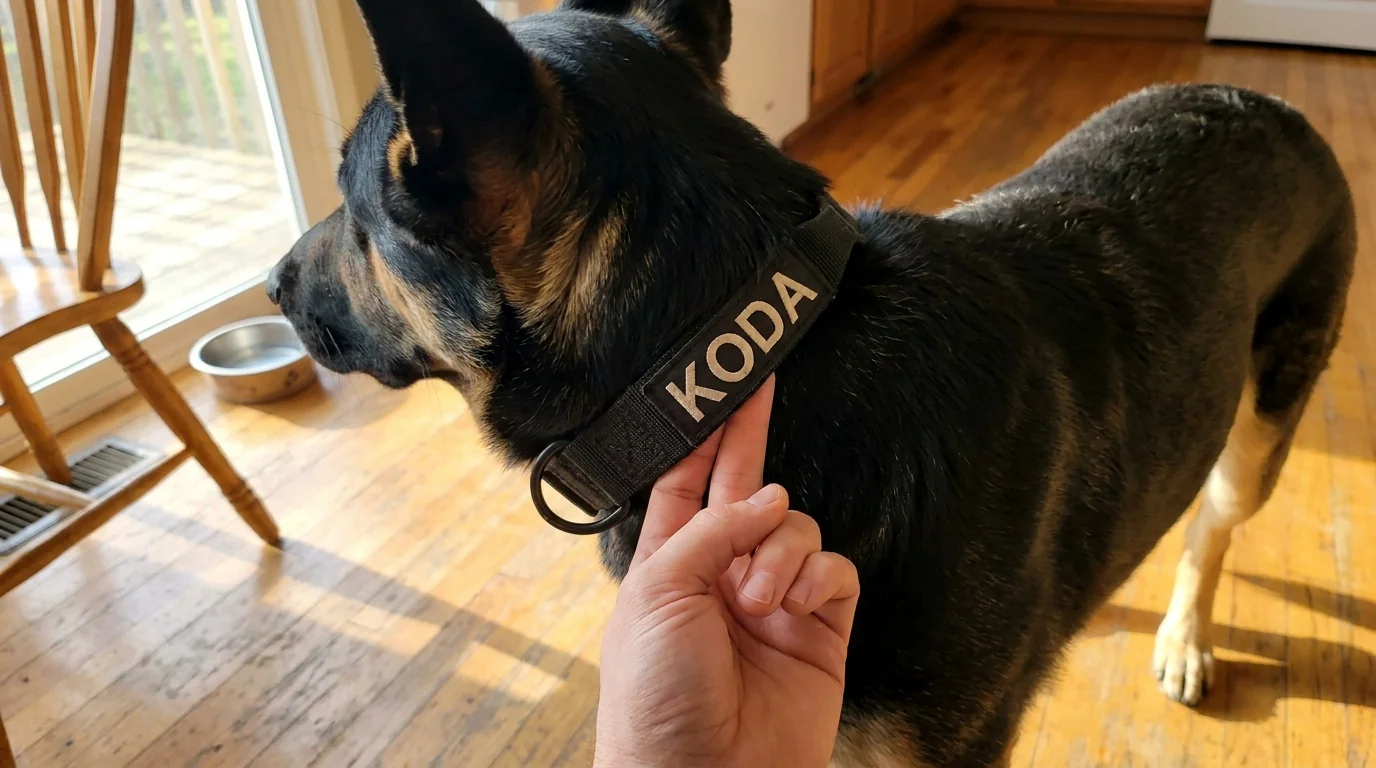 A hand sliding two fingers under a black tactical collar on a German shepherd