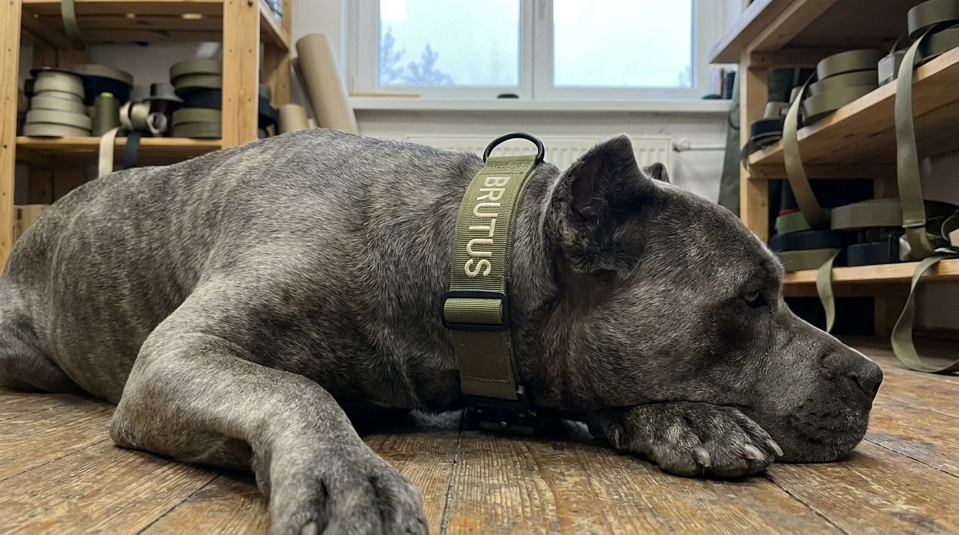 A Cane Corso resting on a tiled floor wearing a wide olive green tactical collar