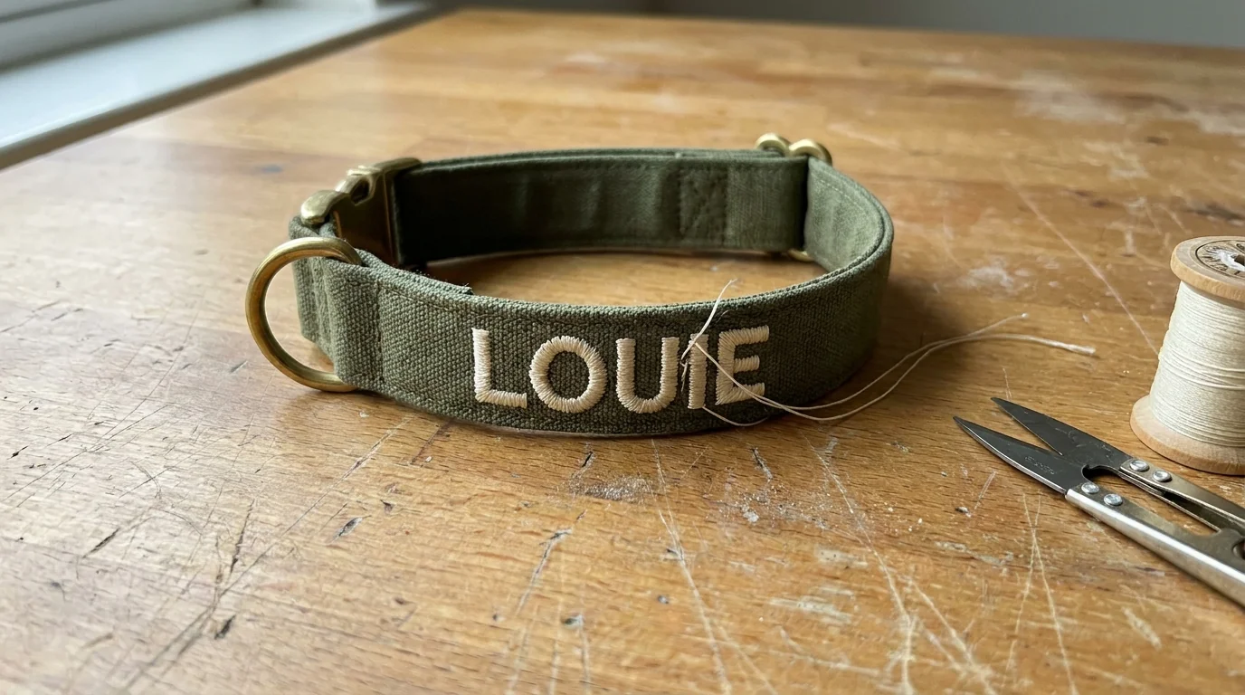 Close-up of an embroidered dog collar with a name stitched into the webbing