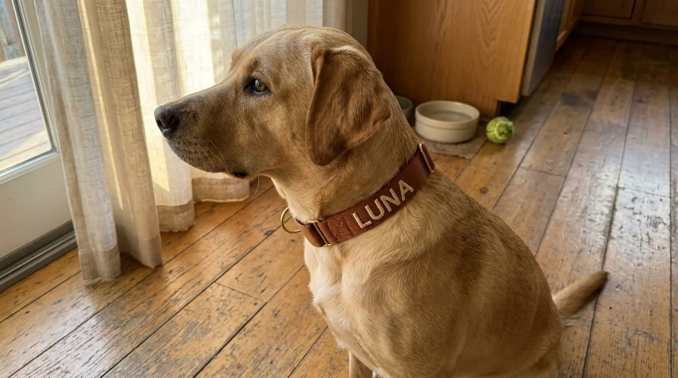 A French Bulldog wearing an embroidered collar resting on a sunny kitchen floor