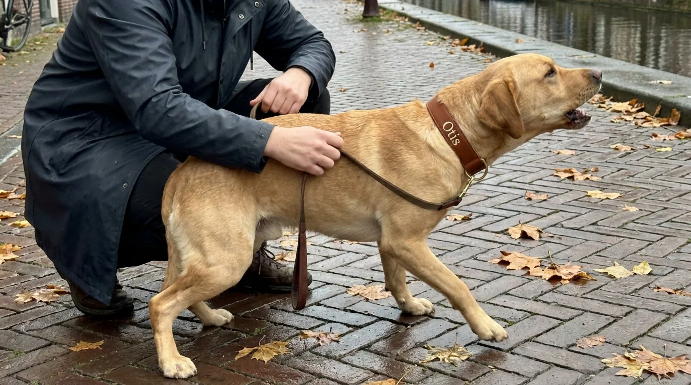 A tan Labrador on a Cognac Brown collar pulling on the leash mid-walk, owner crouching to redirect attention