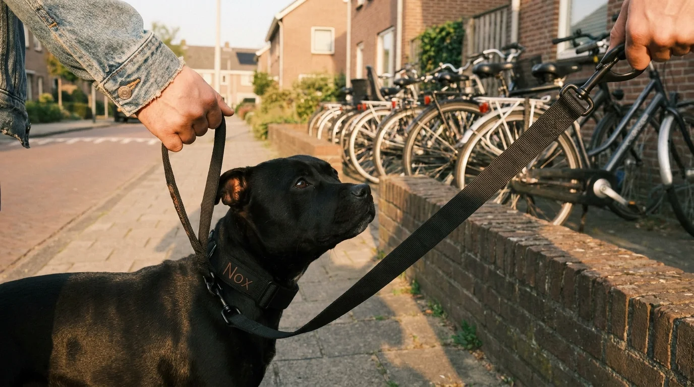 A black Staffordshire Bull Terrier on a Tactical collar walking calmly past a parked bike, owner holding the integrated control handle