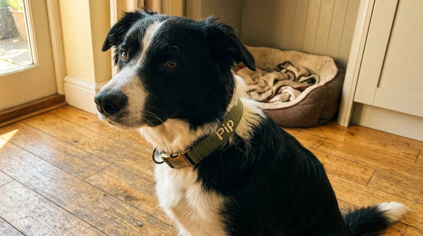 Close-up of a Border Collie sitting calmly while wearing an Olive Green Classic collar, looking up at the camera