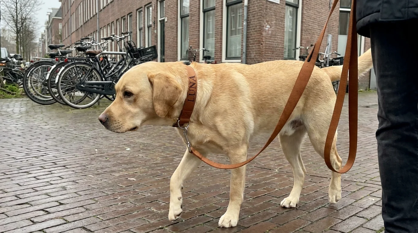 A tan labrador walking calmly on a slack leash beside its owner on a Dutch street