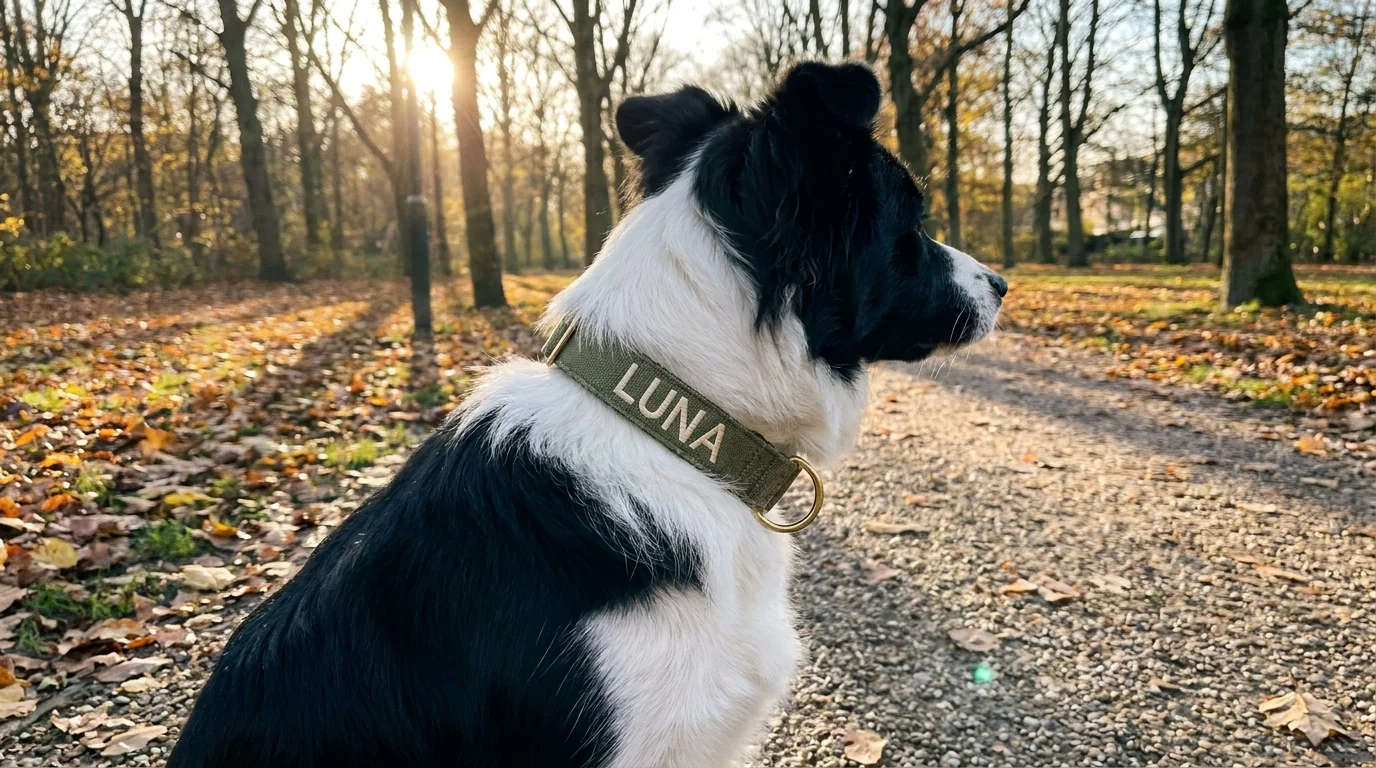 A border collie practicing loose-leash walking with treats in a park