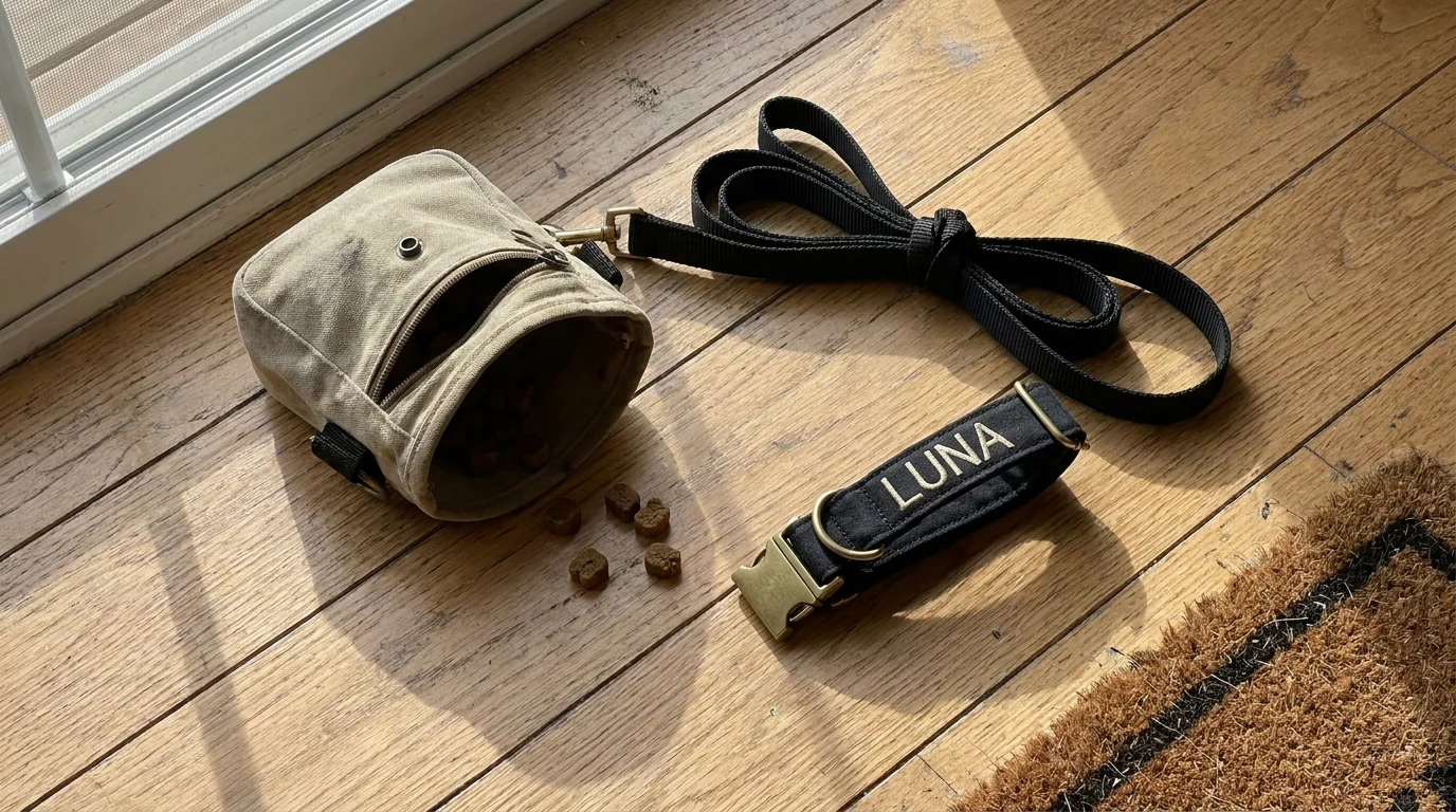A treat pouch and a slack 1.4 meter leash on a wooden floor